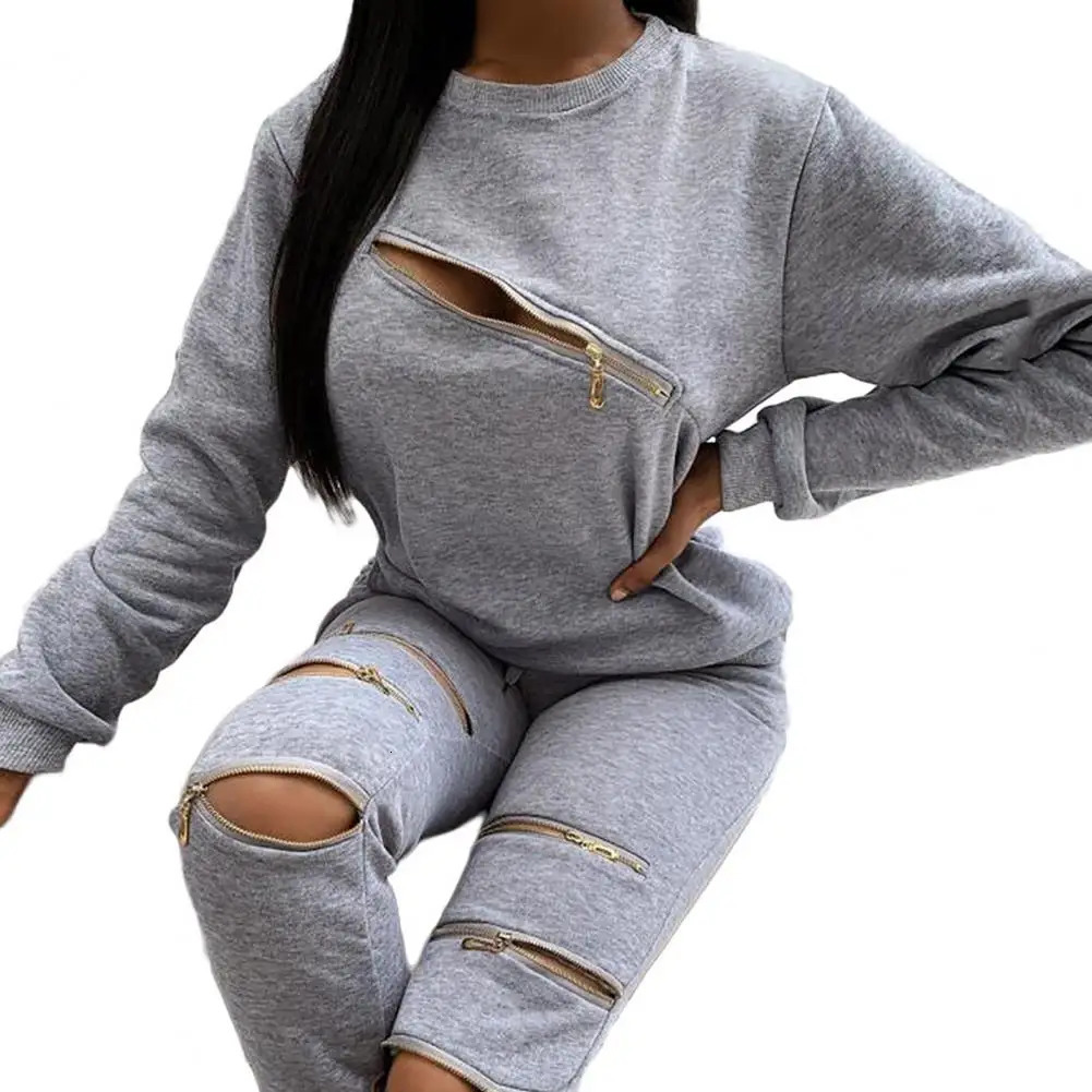 Fashion Zipper Hollow Out Two-Piece Set Autumn Tracksuit Women Elegant O-Neck Tops Casual Long Pants Ladies Suits 250213