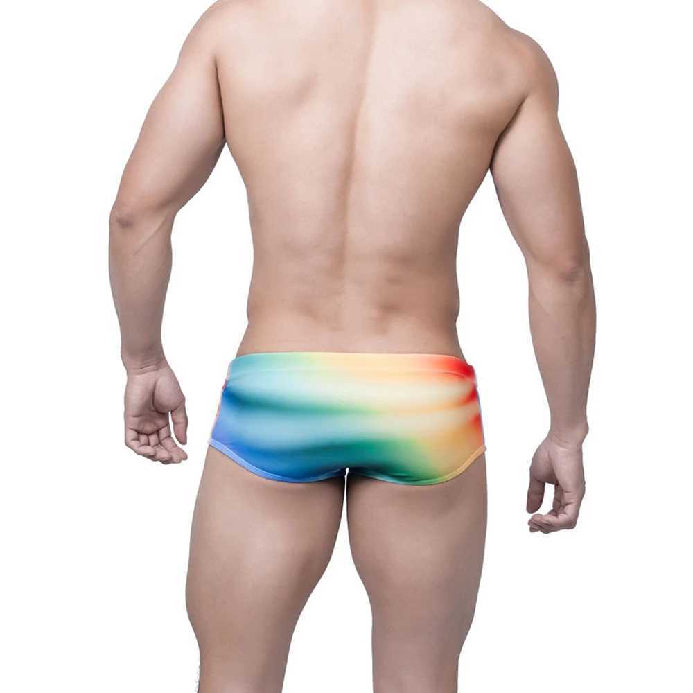Summer Mens Swimming Trunks Sexy Colorful Gradient Cup Pouch Bathing Swimsuits Fashion Male Sport Beach Surfing Boxer Shorts W250214
