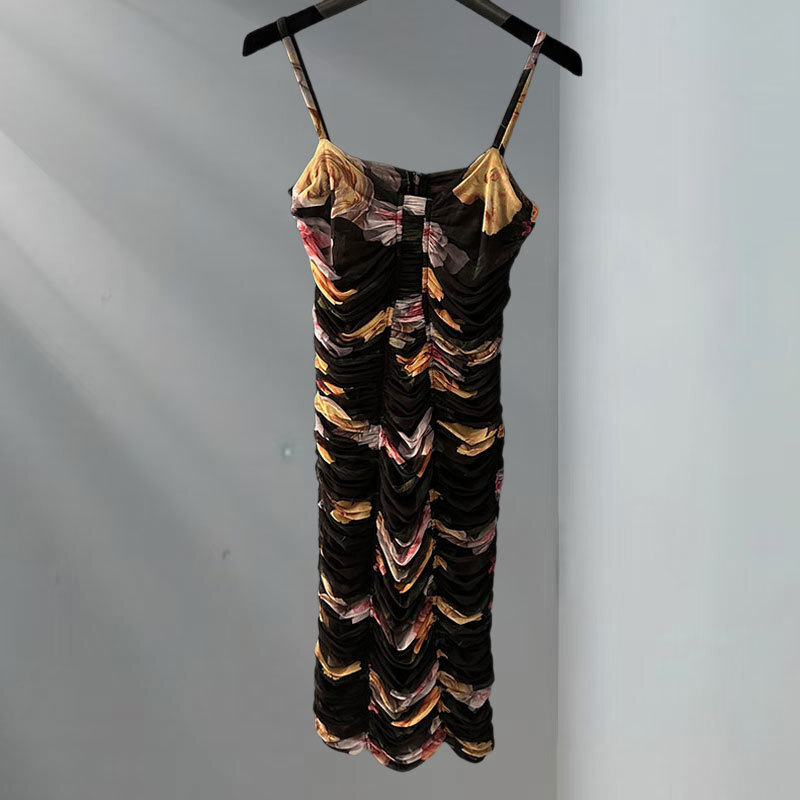 Women's Floral Print Mesh Camisole Dresses Luxury Silk Lining Draped Fit Bodycon Style Back Zipper Midi Length Clothes Designer Elegant Spring Be