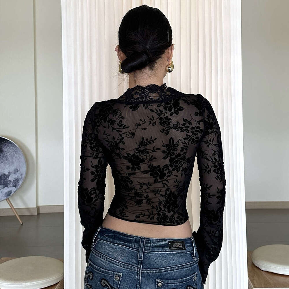 Hot selg women's in Europe America summer 202, fashionable printed sexy mesh lace cardigan T-shirt wholesale, new casual and versatile fashion cl