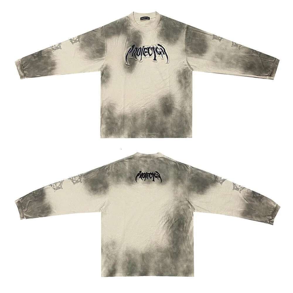 Distressed Washed Vintage Tie Dye Letter Embroidery Mens Tshirts Long Sleeve Cotton Oversized Top Tees Round Neck Casual T-Shirt