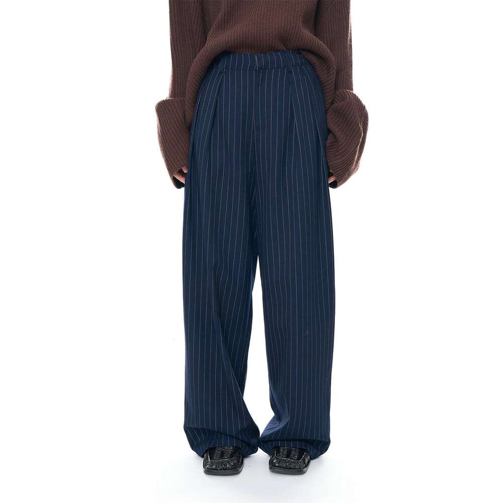 Women's Striped Wide Leg Suit Fall Double Pleated Trousers Smooth Drape Loose Pant