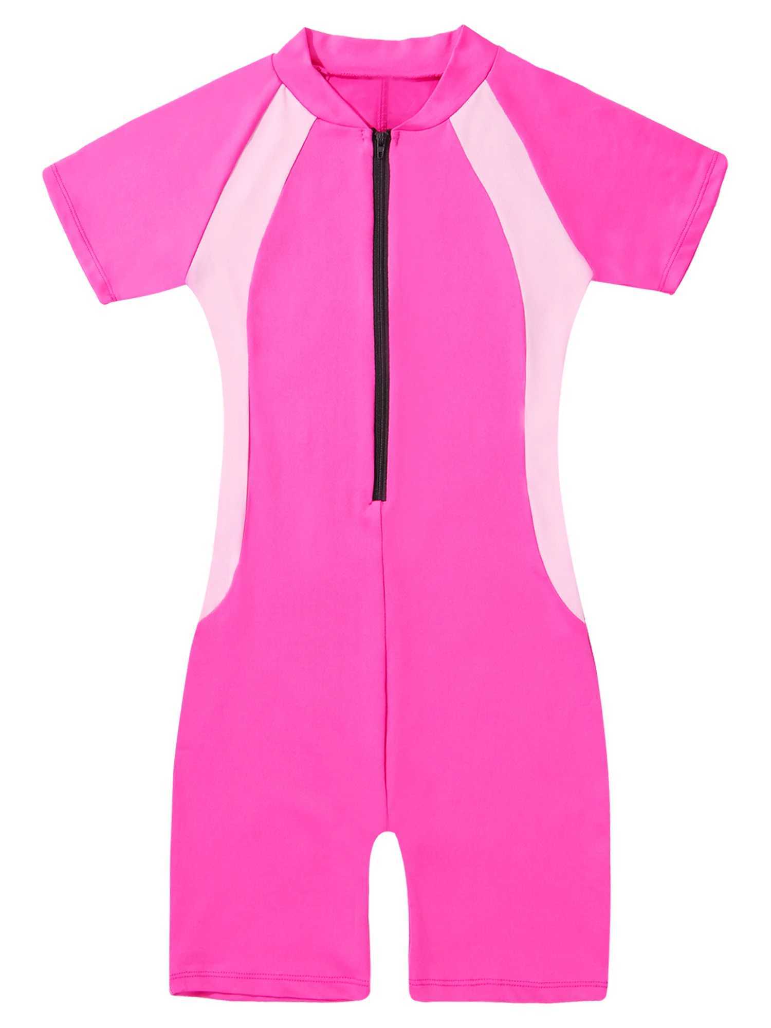 Kids Girls Boys Rash Guard One-piece Swimsuit Short Sleeves Zippered Shor Wetsuit Swimwear Pool Beach Surfing Bathing Suit Z250214