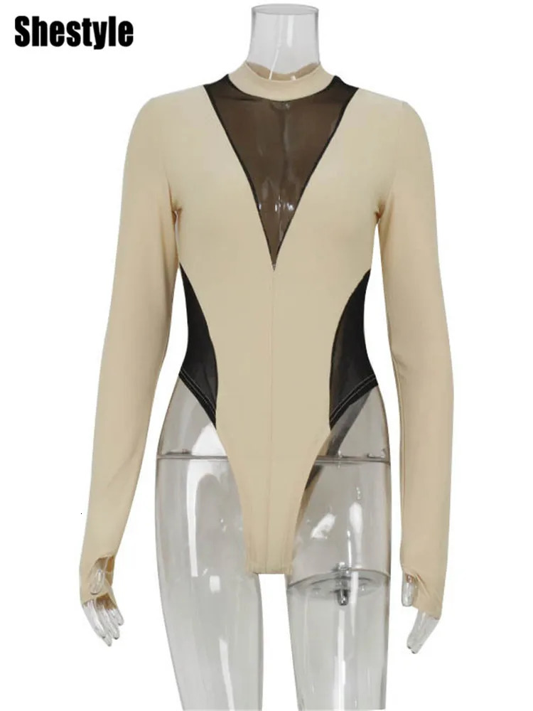 Shestyle Apricot Patchwork Long Sleeve Bodysuit Women Half High Neck Mesh V Collar Thong Arrival Tight Slim TShirt 250213