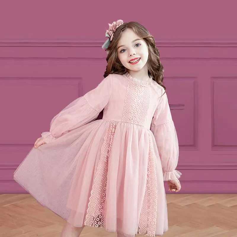 Spring Autumn Kids Girls Dresses Lantern Sleeve Lace Princess Dress Pearl Sweet O-neck Mesh Par Childrens Clothing Vestidos Z250214