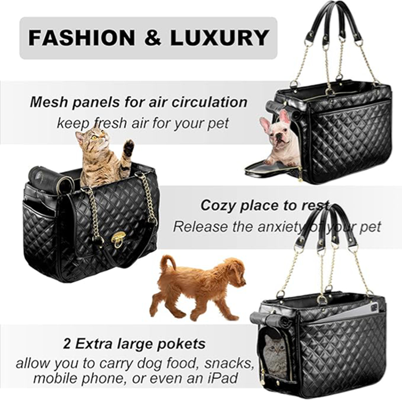 Fashion Dog Carrier Handbag for Puppy with 2 Super-Large Pockets, Holds Up to 10lbs PU Leather Pet Carrier, Cat Carrier, Airline Approved Puppy Purse 