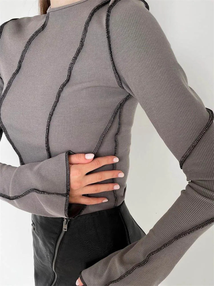 Womens Patchwork T-Shirts Chic Casual Long Flare Sleeve Round Neck Knitted Ribbed Tees Shirts Spring Autumn Street Top 250213