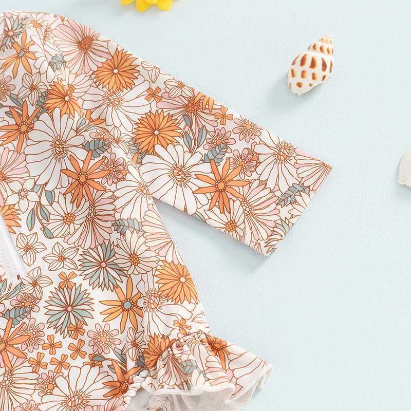 6M-4T Little Girls Swimsuit Chrysanthemum Print Long Sleeve Zipper Rash Guard Bathing Suit Infant Toddler Beachwear Z250214