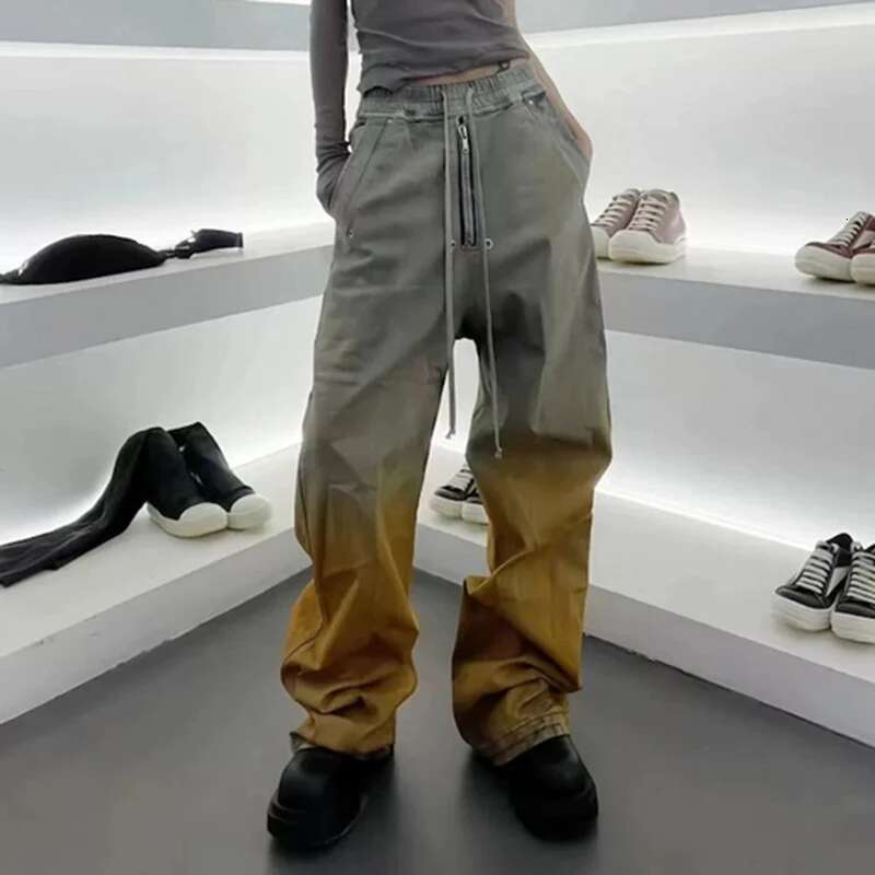 High Street Gradient Color Washed Baggy Drawstring Jeans Pants For Men And Women Straight Casual Loose Denim Trousers Oversized