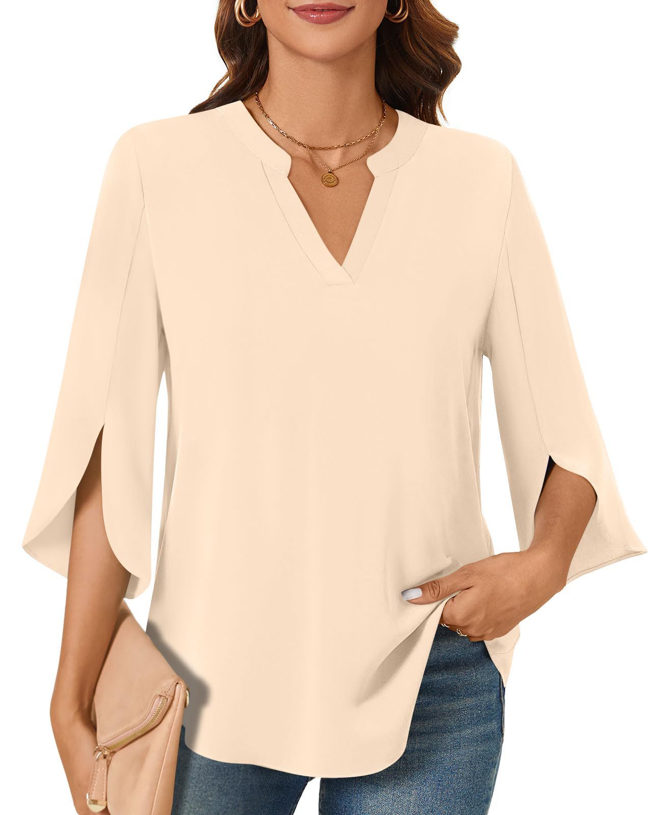 2025 New Women's Chiffon Shirt 3/4 Sleeve Summer Casual Loose V-neck T-shirt