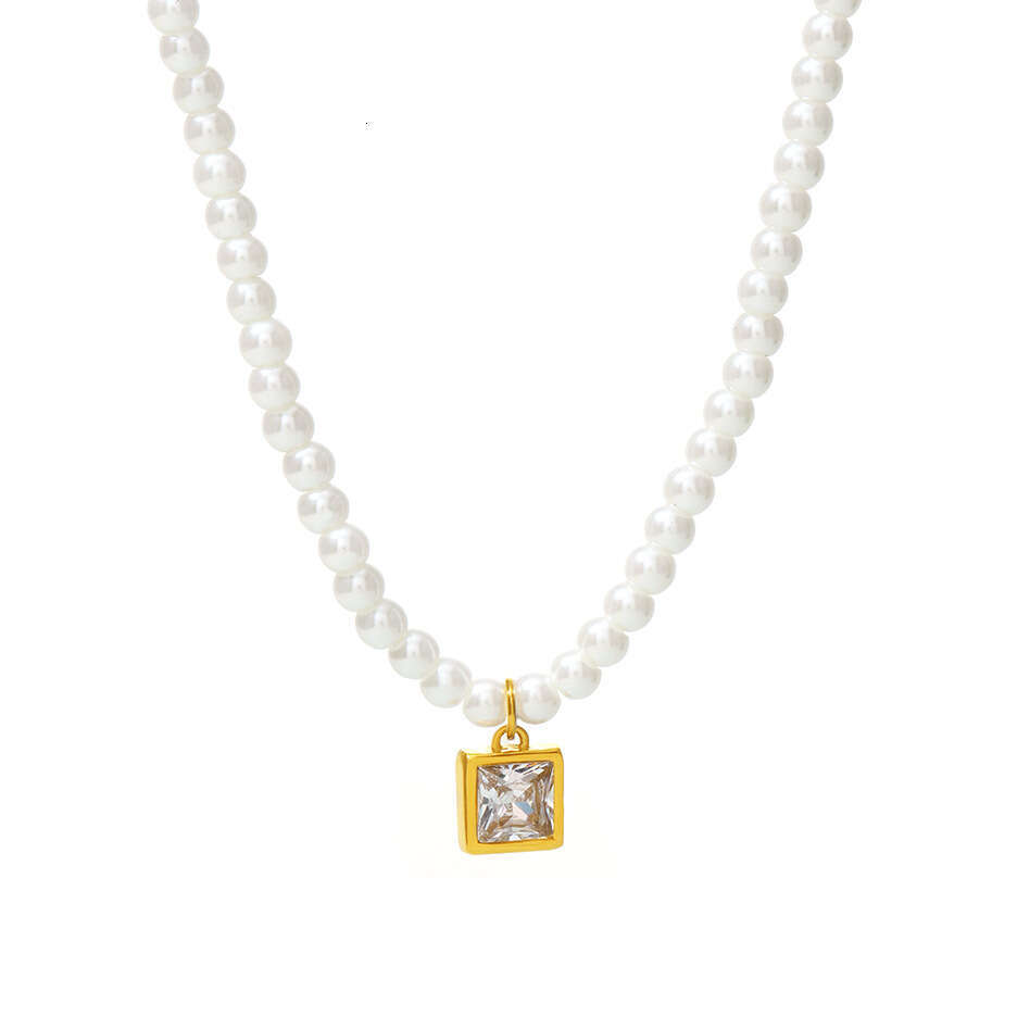 Elegant temperament square sugar, Shi Jiabei bead geometric shape inlaid with zircon pendant, collarbone necklace, women's stainless steel gold-p
