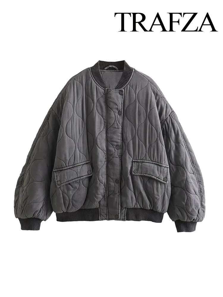 TRAFZA Winter Fashion Spliced Cotton Clothes Loose Bomber Retro Long Sleeve Women's Jacket with Pockets
