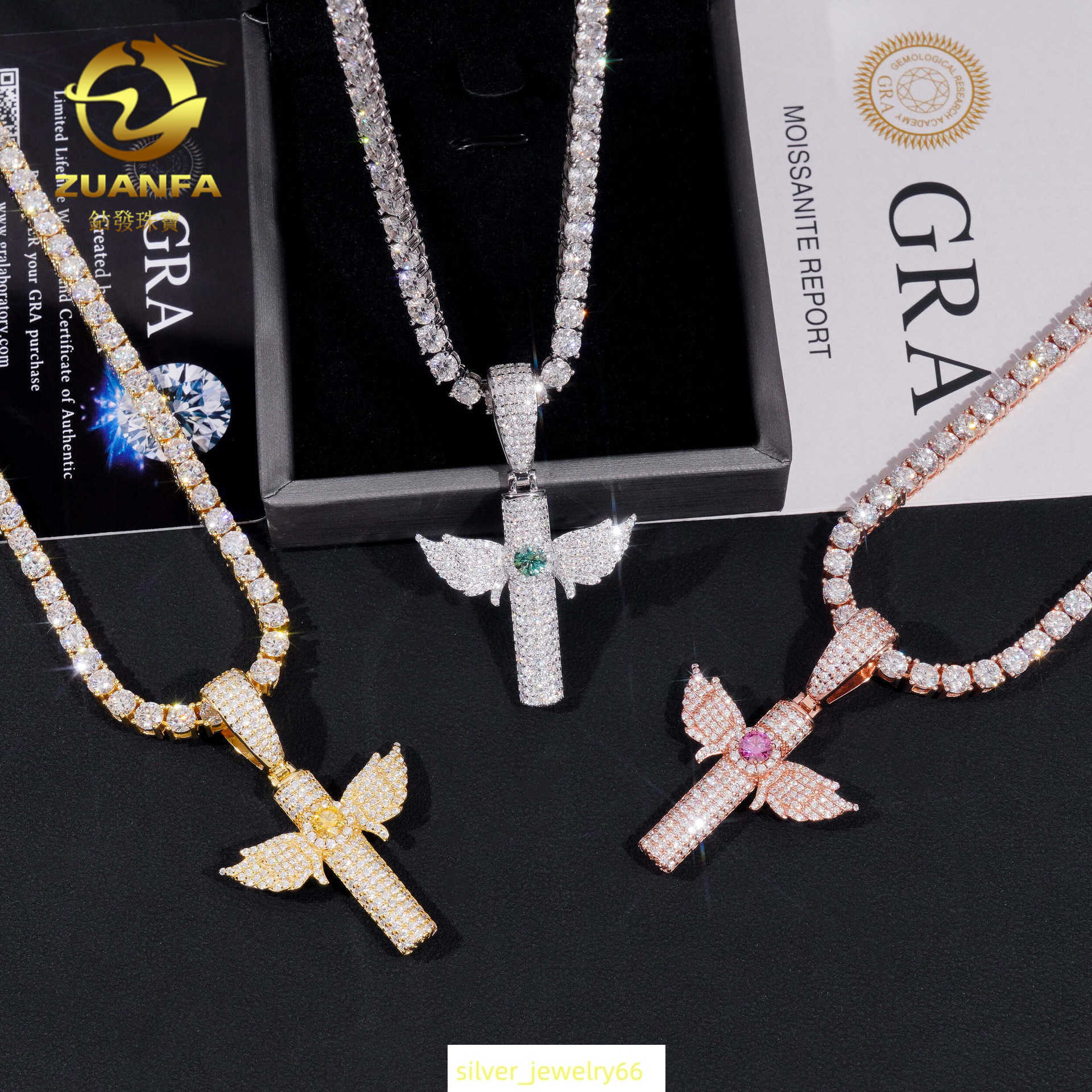 New 925 silver inlaid colorful moissanite cross hip-hop pendant personalized and fashionable mens and womens accessories