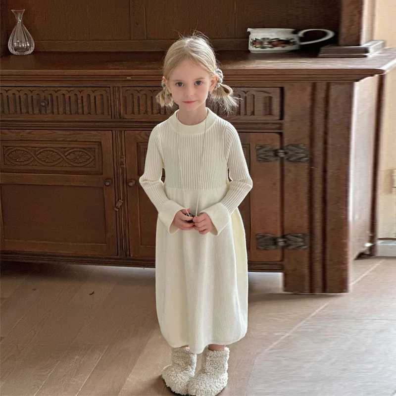 Girls Knitted Dress 2024 Autumn Winter New Children Gown Princess Solid Color Vestidos Kids Fashion Sweater Dresses Baby Clothes Z250214