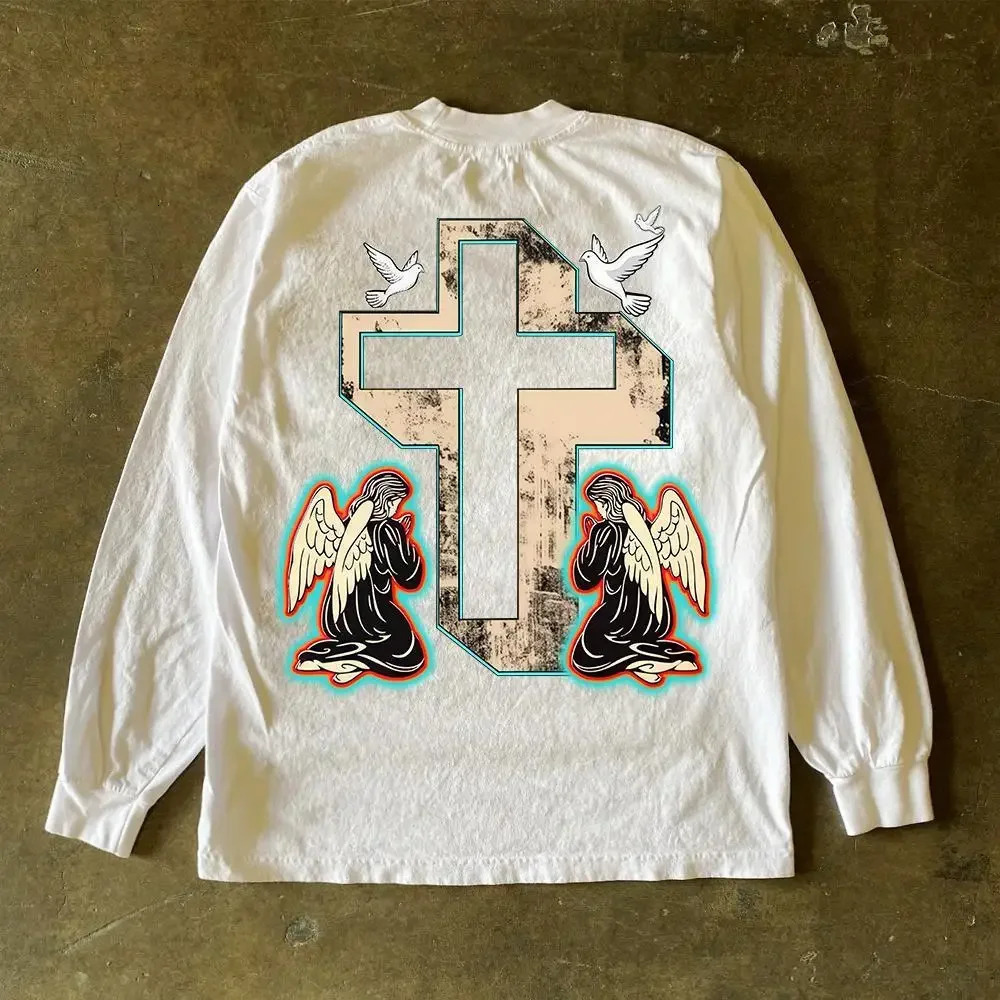Y2K Retro American Cross Image Art Street Color Printed Black and White T-sleeved Mens Loose Base Sports Shirt Top Long sleeves 250213