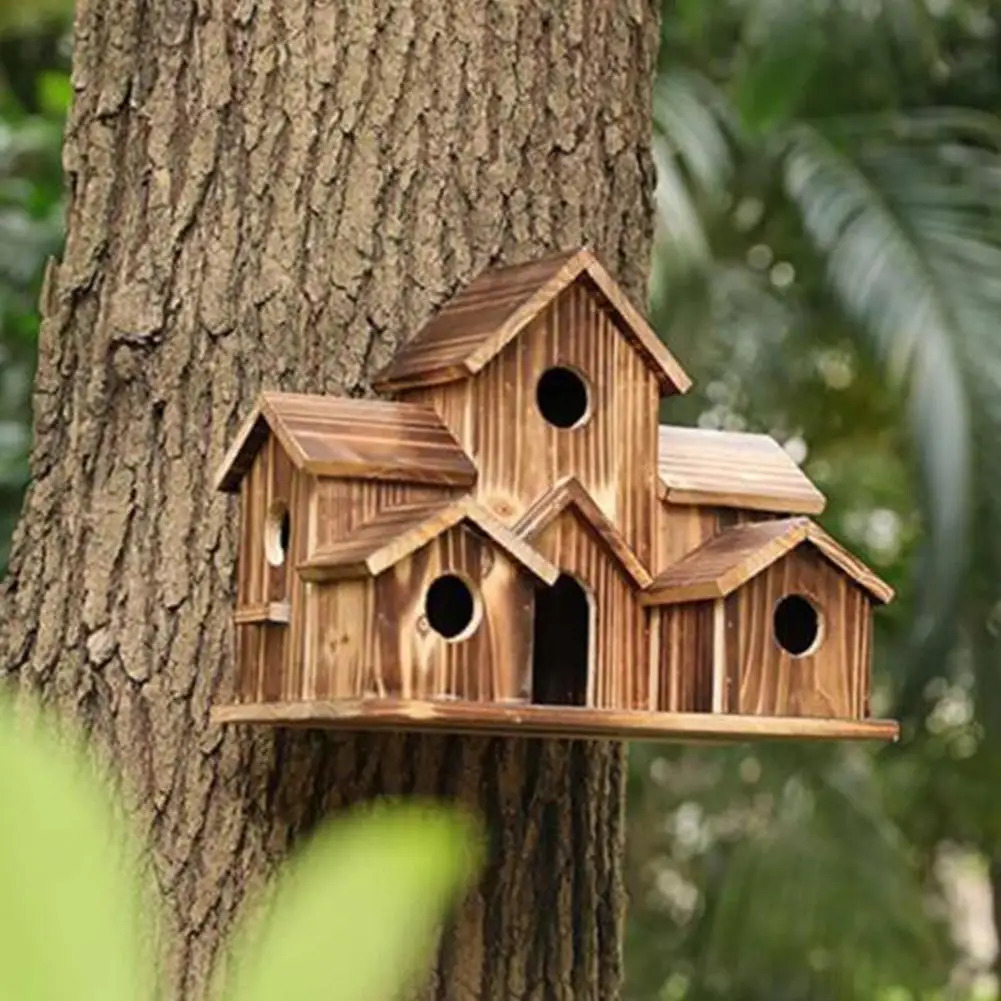 Wooden Outdoor Parrot And Hummingbird Nest Countryside Pendant Solid Wood Decoration Bird Feeder Hanging Bird House 250206