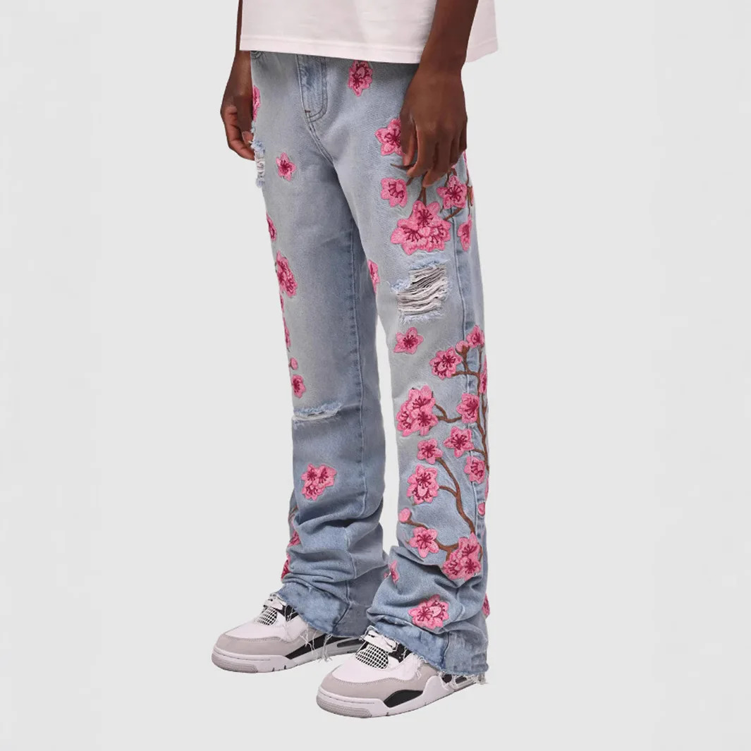 European Stacked Jeans For Men Ripped Holes Floral Patchworks Denim Pants Males Fashion Clothes 250214