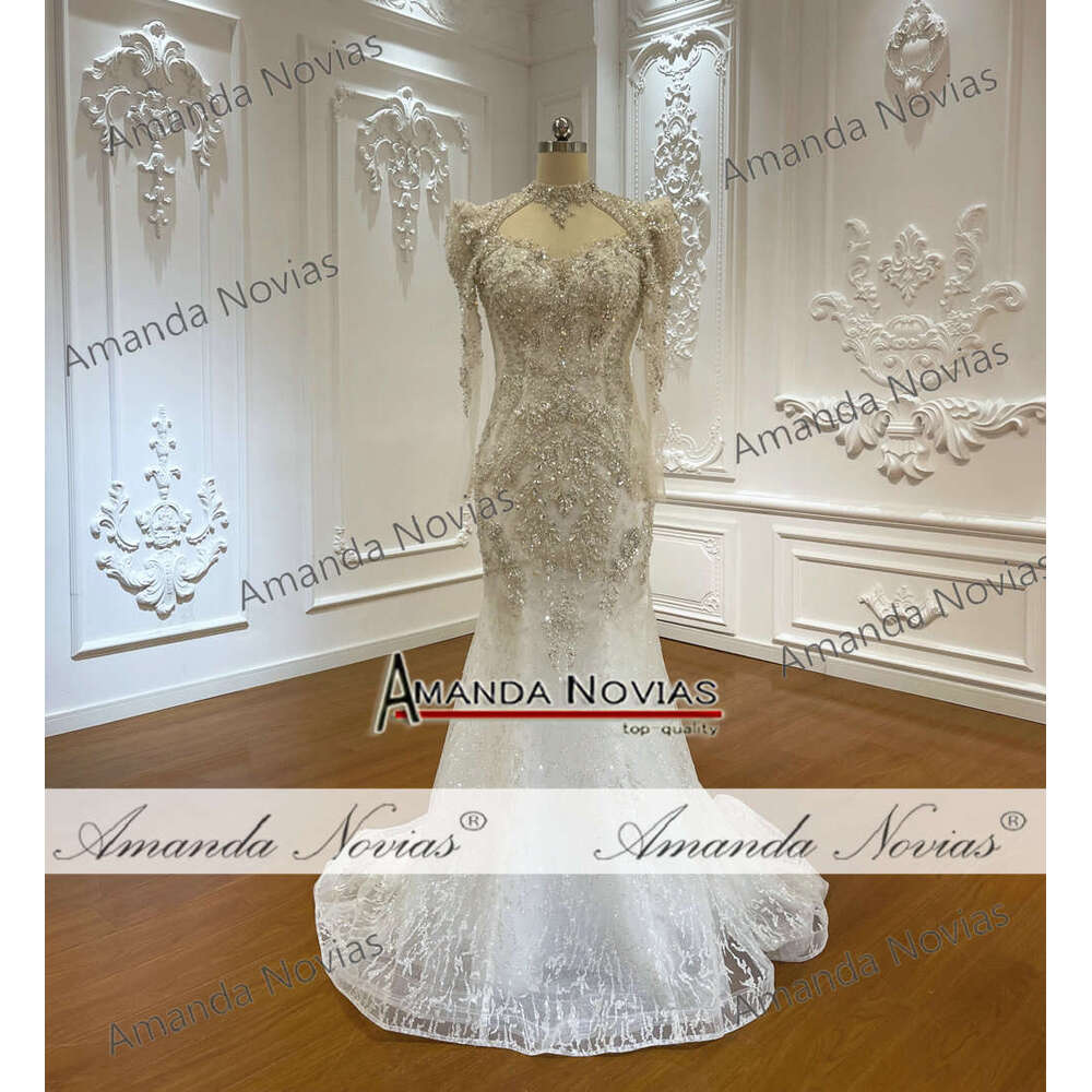 Custom Stylish Long Sleeves High Neck with Detachable Cover Mermaid Bridal Dress