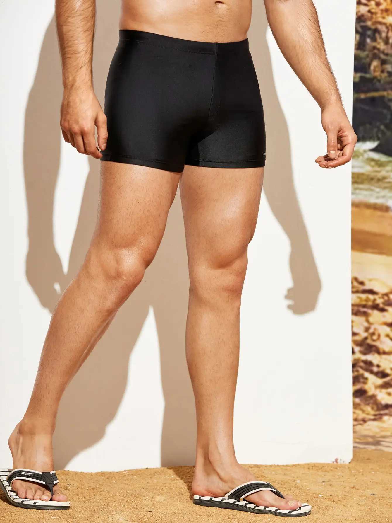 Mens Solid Color Training Tight Flat Corner Swim Pants W250214