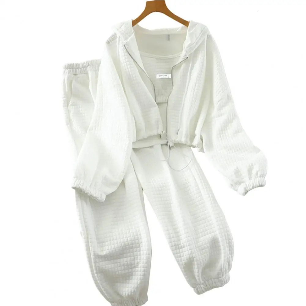Women Vest Coat Pants Set Womens 3-piece Autumn Winter Sport Outfit Sling Vest Hooded Coat Elastic Waist Sweatpants Set Women 250210