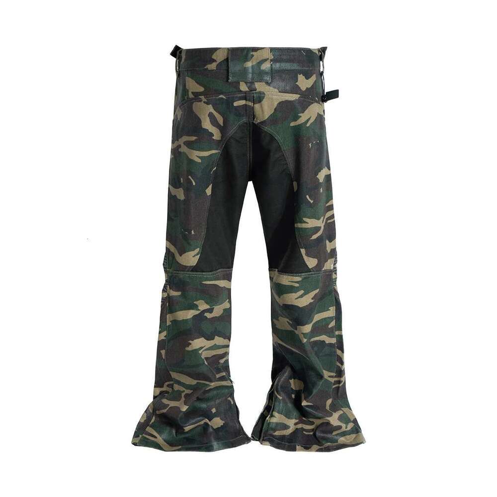 Camouflage Coated Micro Flared Motorcycle Pants For Men Patchwork Baggy Jeans Ankle Zipper Boot Cut