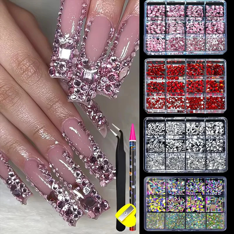 12 Grid Diamond Jewelry Set Nail Jewelry Decorations Shiny Rhinestone Nail Stickers for DIY Nail Art Accessories 250214