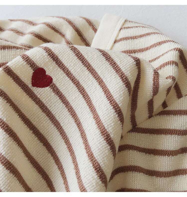 Love Embroidery Striped Sweatshirt Women Autumn Loose Fit Slimming Round Neck Long Sleeved Tops