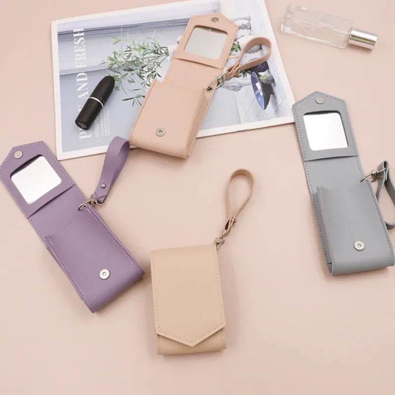 Portable Women Lipstick Case with Lanyard Elegant Solid Color Chic Makeup Bag with Mirrors Keychain Earphone Lip Storage Bag 250207
