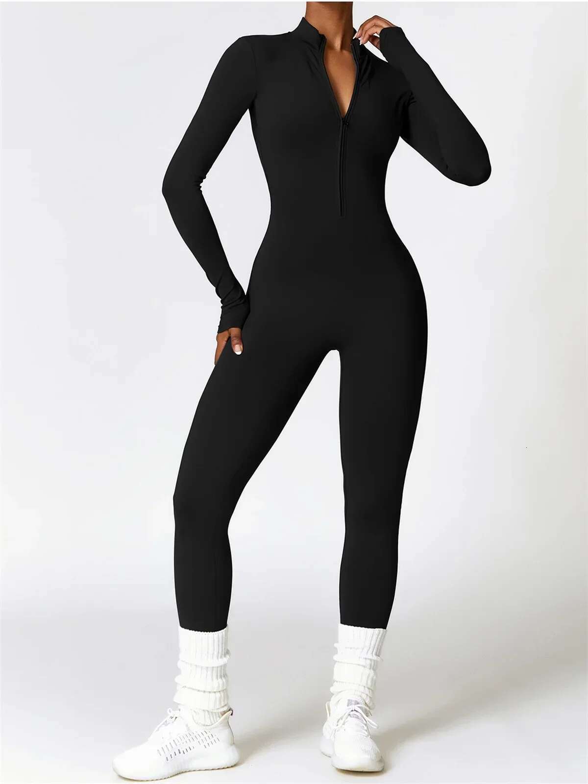 Zipper Workout Jumpsuit Women Warm Yoga Set Sports Overalls Long Sleeve Slim Fit Quick Drying Running Fiess Suit Tracksuit