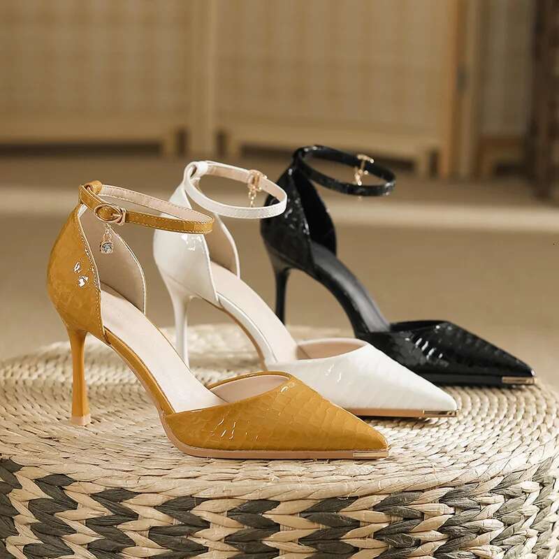 Size 31-43 Metal Point Toe Anti-Kick 9Cm High Heels Women Patent Leather Hollow Two-Piece Thin Heel Shoes