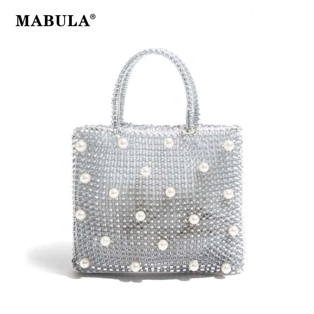 MABULA Shiny PVC Woven Tote Bag Knitted Pearl Handbag For Ladies Party Elegant Women's Satchel With Chain Crossbody Bags