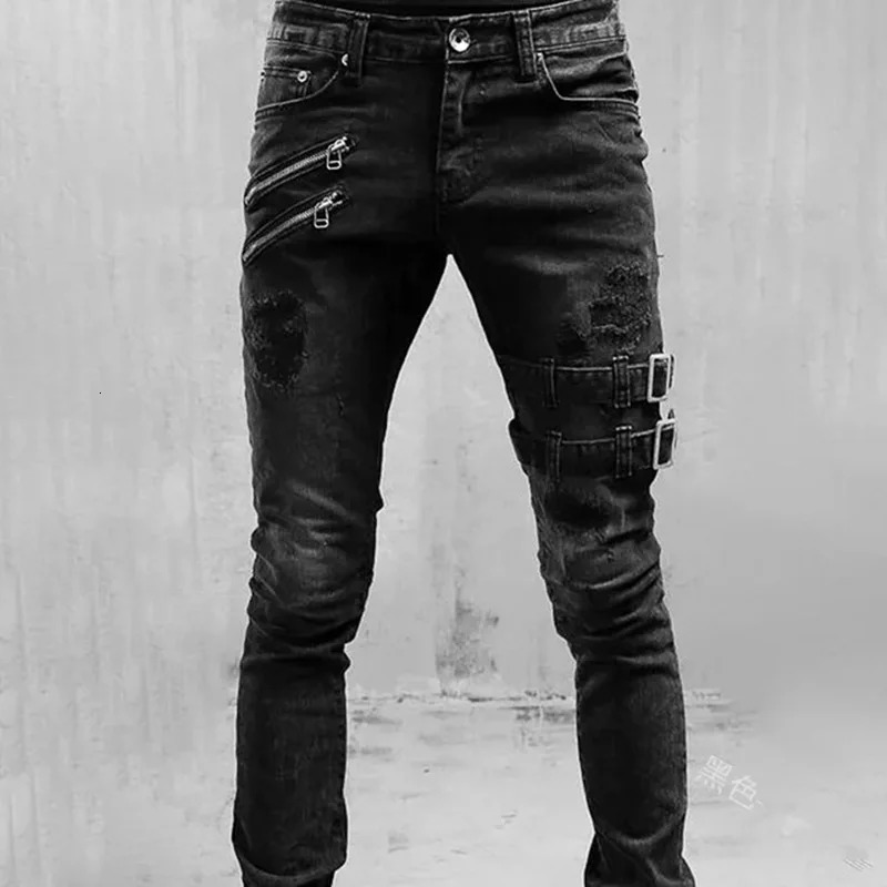 Jeans Men Fashion Belt buckle Hole Streetwear Straight Moto Biker Skinny Casual Denim Pants For Blue Gray Black 250210