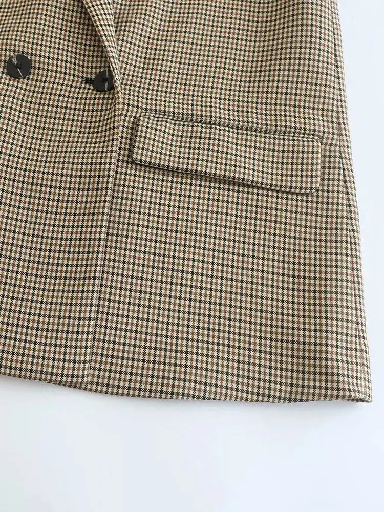 TRAF Women Fashion Double Breasted Plaid Blazer Coat Vintage Long Sleeve Flap Pockets Female Outerwear Chic Vestes Femme 250213