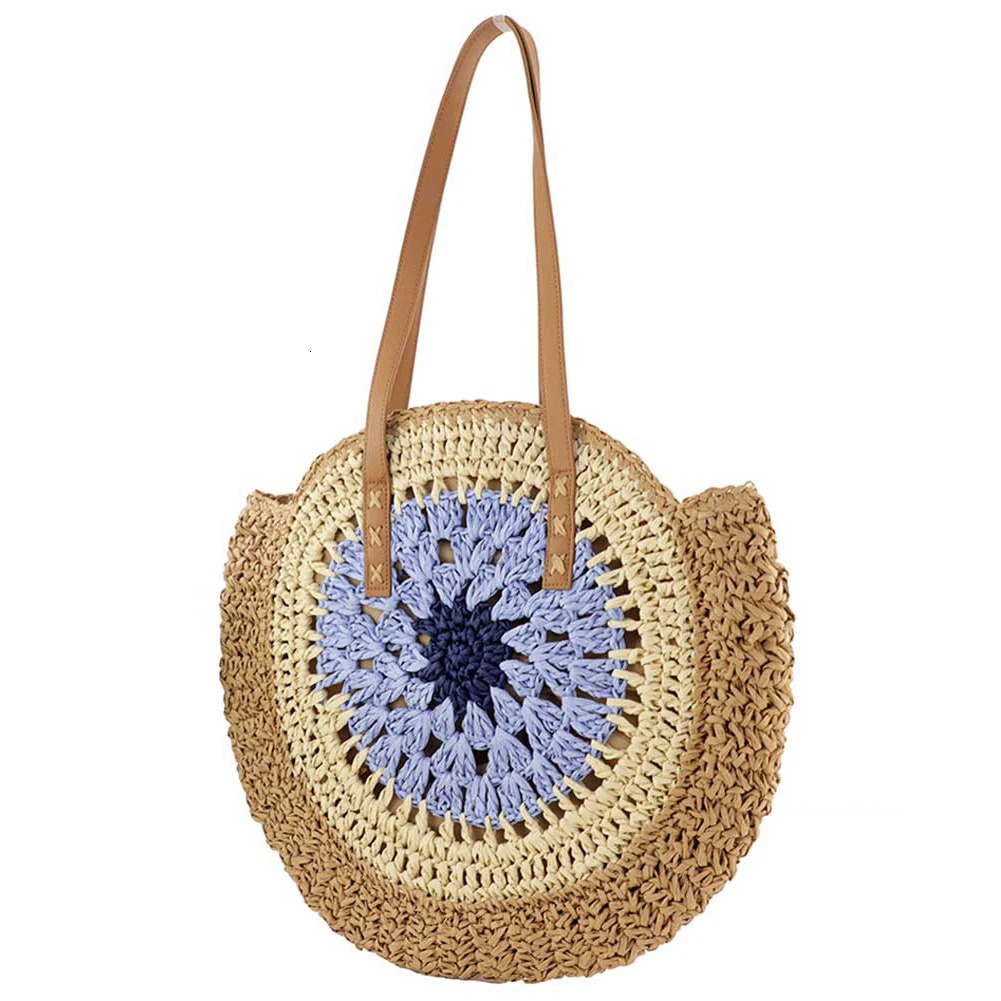 Round Casual Tote Bag with Zipper Closure Vacation Bag Trendy Large Woven Beach Bag Holiday Travel Handbag for Women and Girls 250207