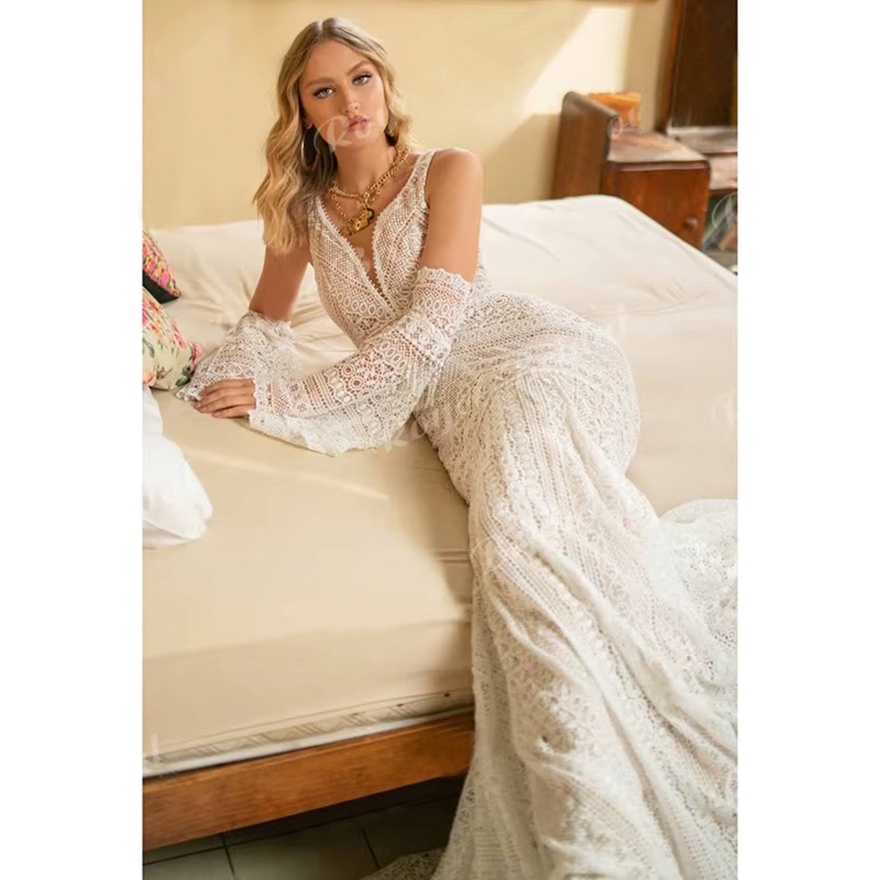 Boho V-neck Mermaid Vintage Vestido De Noiva Sweep Train Sleeveless Lace Backless Wedding Dress Women Bride Gown robe Customized