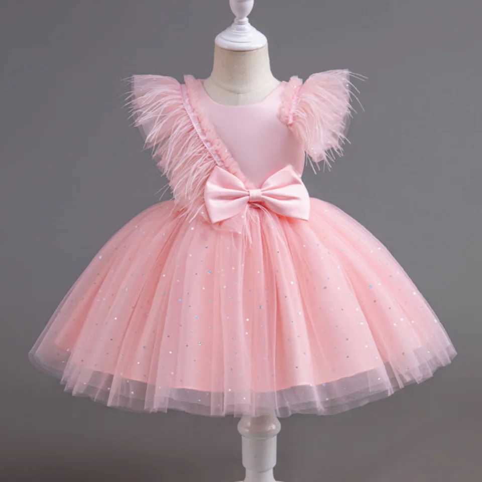 Summer Girls New Bow Sequin Flying Sleeves Mesh Fluffy Skirt Piano Competition School Graduation Ceremony Dress Z250214