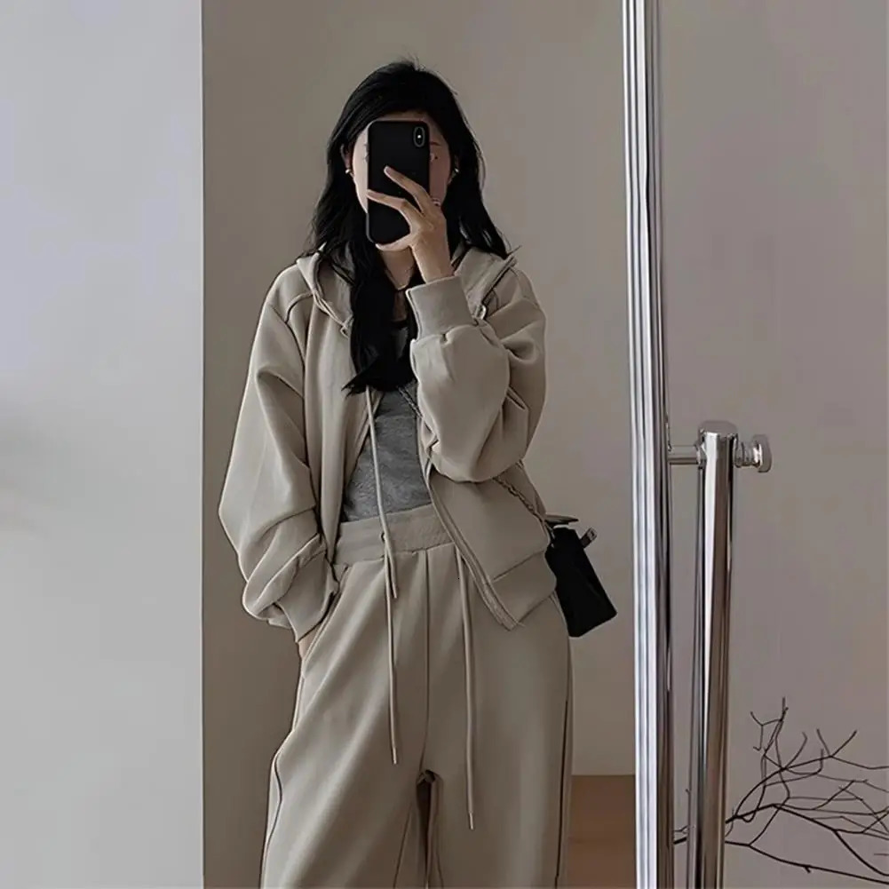 Hooded Sweater Wide-leg Pants Two-piece Suit Women Zipper pocket Lace Up Pant Set Spring Summer Lady Sports Casual Outfit 250210