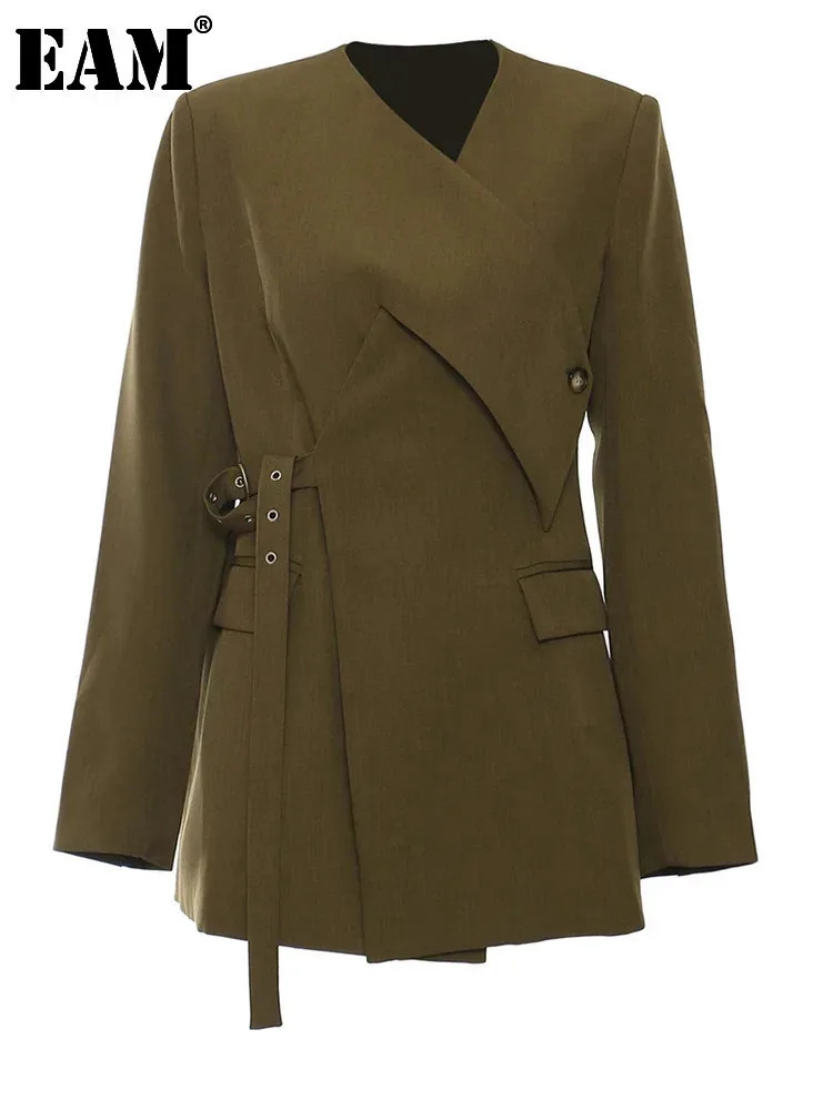 EAM Women Green Corss Bandage Pocket Elegant Blazer V-neck Long Sleeve Jacket Fashion Spring Autumn 1DH7482 250206