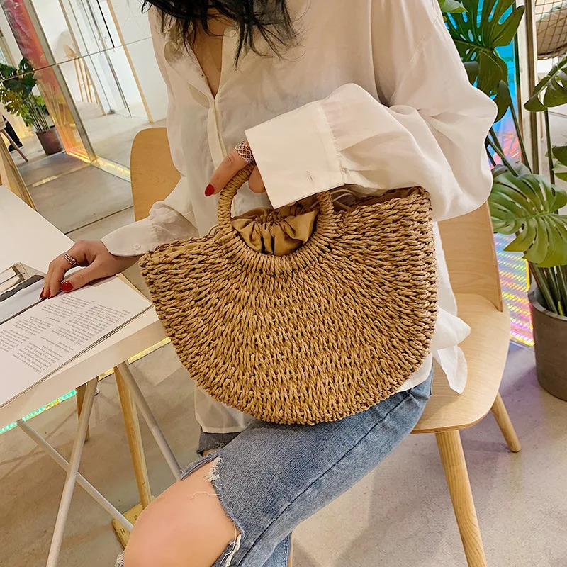 Summer Handmade Bags for Women Beach Weaving Ladies Straw Bag Wrapped Beach Bag Moon shaped Top Handle Handbags 250207