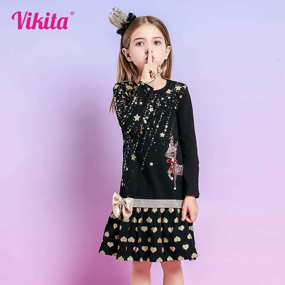 VIKITA Girls Christmas New Year Gift Dress Kids Elk Sequined Appliqued Star Heart Print Cotton Dresses with Bowknot Kids Clothes Z250214