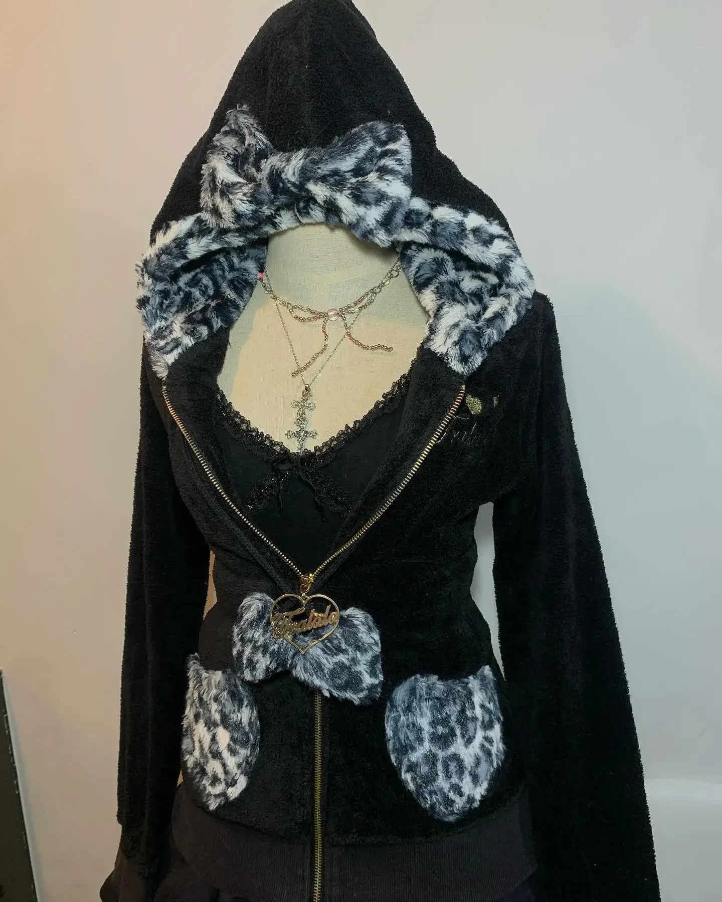 American Casual Fashion Y2K Womens Pullover Hoodie Plush Stitching Retro Leopard Print Trendy Warm Sweatshirt Sportswear Hoodies 250213