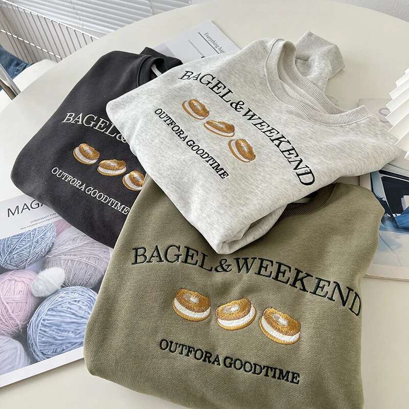 Pattern Embroidered Round Neck Sweatshirt Women, Autumn Cotton Loose Letter Long Sleeved Top