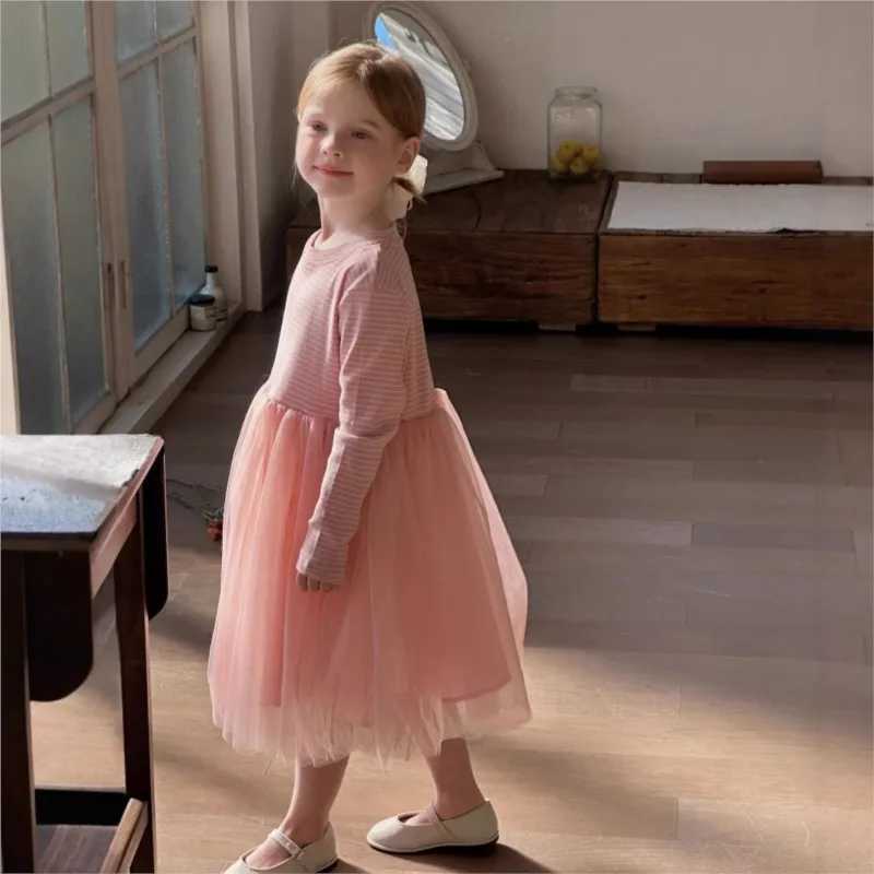 Korean Spring Autumn New Children Girls Princess Dress Mesh Fluffy Dress Kids Girls Dress Striped Spliced Girl Birthday Dress Z250214