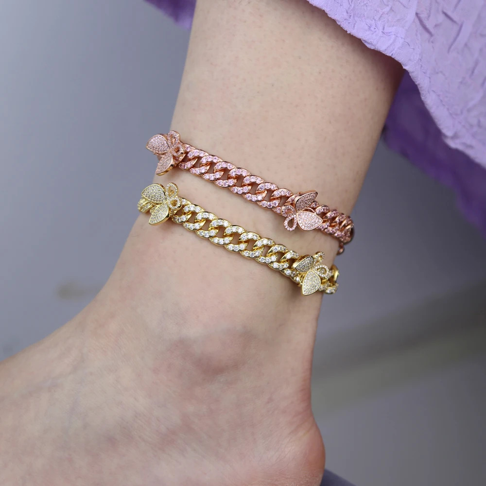 Parking CZ Rectangle Butterfly Anklet 10mm Iced Out Bling Miami Cuban Link Gold Silver Color Anklets Women Hiphop Jewelry 250211