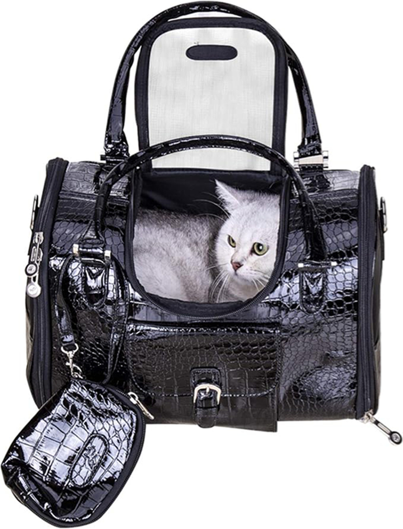 Fashion Pet Carrier, Small Dog Carrier, Cat Carrier, Quality PU Leather Dog Purse, Three Breathable Mesh Pet Carrying Handbag for Travel Walking Hikin