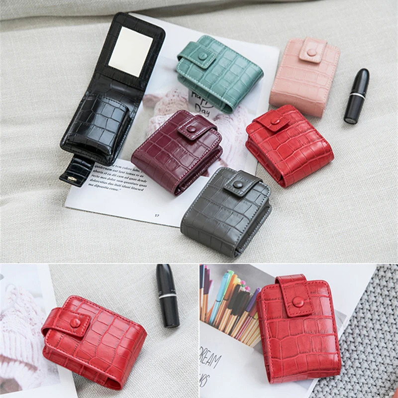 Lipstick Cosmetic Bag with Mirror Women Travel Makeup Bag Pattern Pu Mini Toiletry Organizer Pouch Storage Neceser 250207