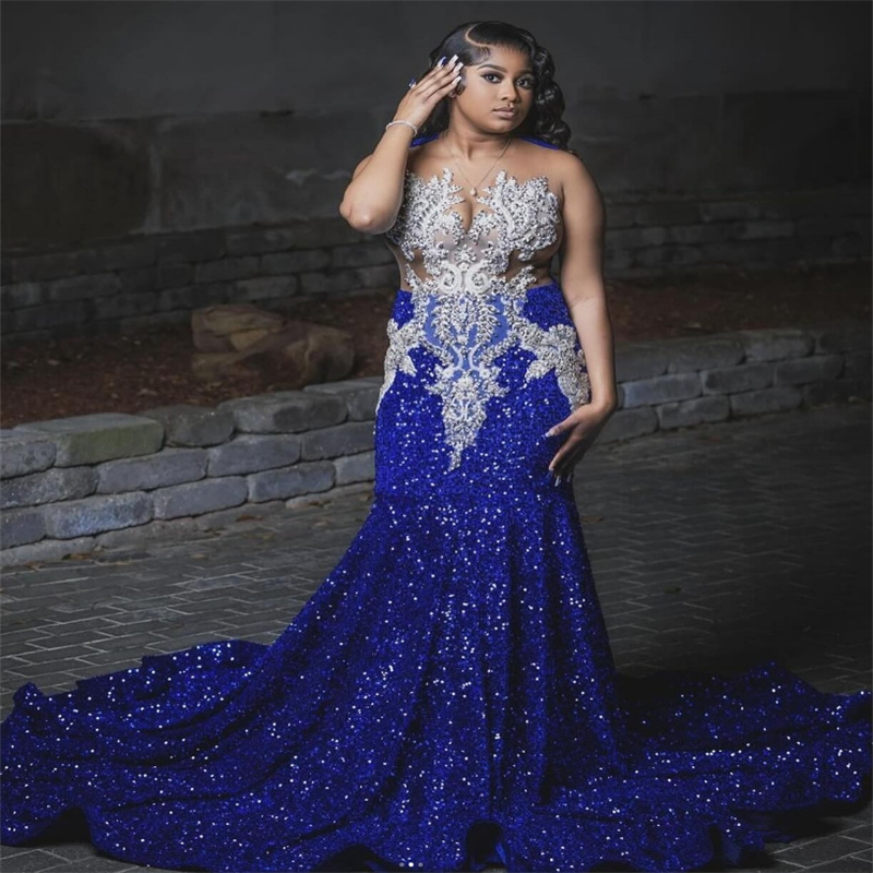 Plus Size Royal Blue Evening Dress With Beaded Elegant Mermaid Sequin African Black Girls Prom Dress Formal Birthday Bespoke Occasion Ceremony Party G
