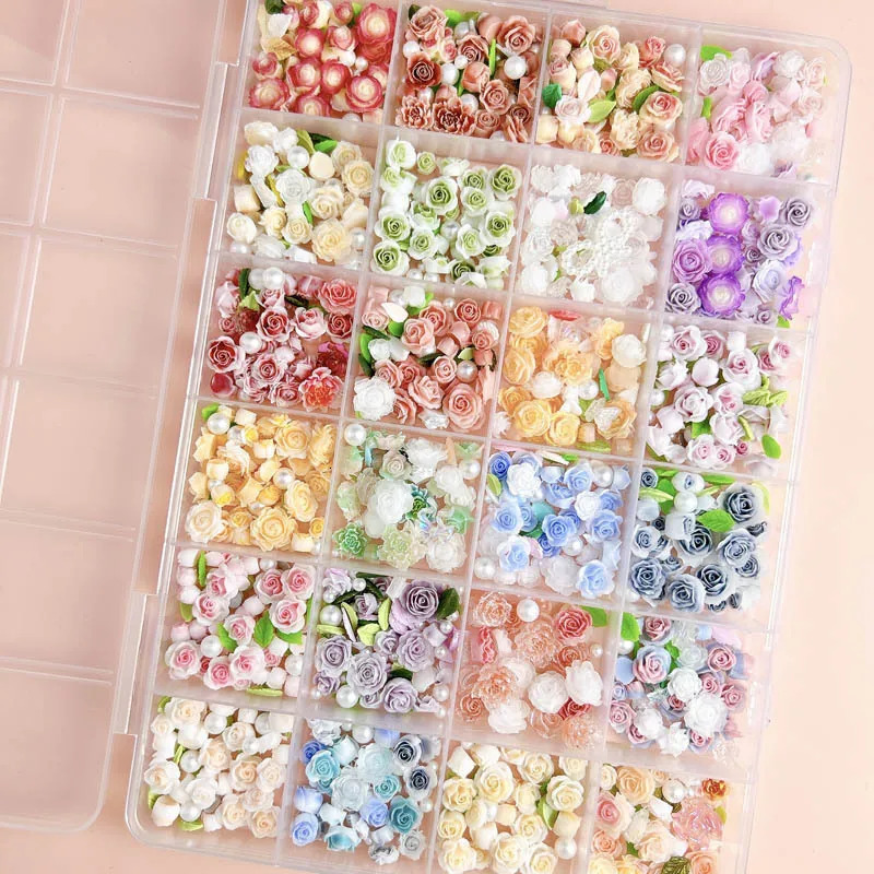 1Box Random Mixed Resin Flowers Nail Charms Love Leaf Pearl Nail Art Decorations Rhinestone DIY Crafts Manicure Accessories 250214