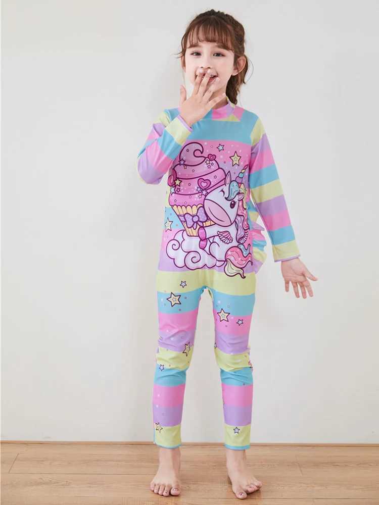 One-Piece Children Swimsuits Kid Swimwear Girls Long Sleeve Sun Protection with swimming caps 2Pcs Set 3 4 5 6 7 8 9 10 11 Years Z250214