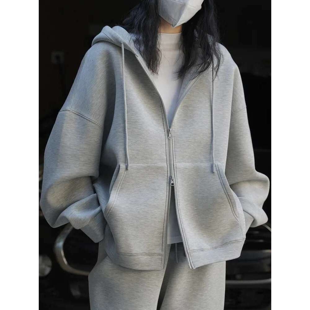 Minimalism Solid Hooded Cardigan Sweatshirt For Women Drawstring Zipper Long Sleeve Loose Jackets 2025 Autumn New